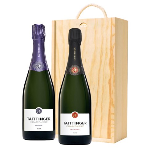 Taittinger Brut and Nocturne Sec Double Pine Wooden Gift Boxed (2x75cl)